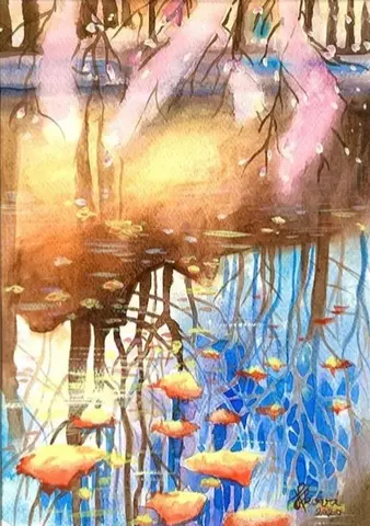 Slnko na hladine — Akvarel, 40x50cm, 2020