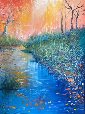 Zlaté lístie na koryte — olej, 60x80cm, 2020