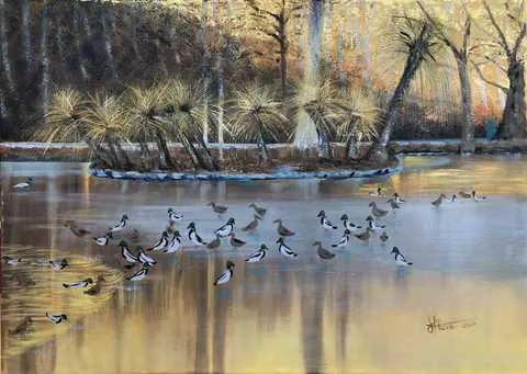 Tristo kačíc na jazere — Olej, 50x70cm, 2020